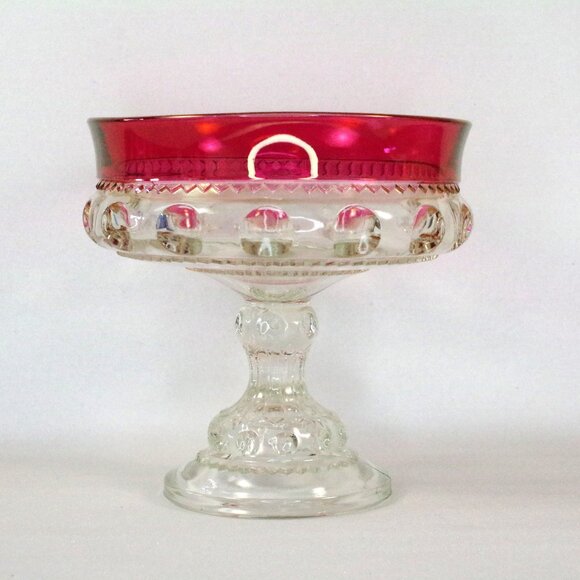 King's Crown Thumbprint Compote,  Ruby Red Glass 7" Tall Footed Candy Dish - Picture 1 of 6